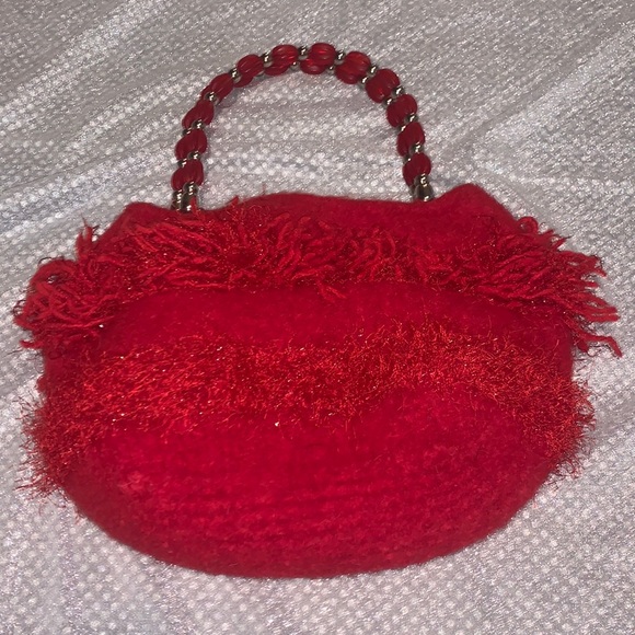 Custom Red Felt Small Purse with Glitter Yarn Trim and Red/Silver Bead Handle - Picture 6 of 8